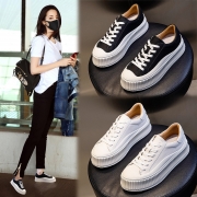 小白鞋女真皮秋季2023新款女士休闲饼干鞋厚底单鞋女增高平底女鞋