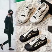 真皮棋盘格小白鞋女2023秋季新款女士单鞋百搭帆布鞋休闲平底女鞋